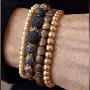 4 Piece Beaded Bracelet Stack/Pearl/bronze/natural/textured lava beads 🤎🤍